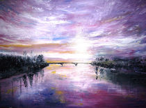 Aquarell, Sonnenaufgang durch die alte Rheinbrücke von Christine  Hamm