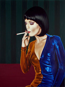 A woman with a cigarette. 80-60 cm. canvas, oil. by Vasiliy Zherebilo