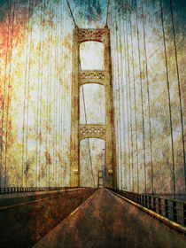 Mackinaw Bridge by the Straits of Mackinac and Moon by Randall Nyhof