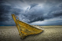 Boat on the Beach with oncoming Storm by Randall Nyhof