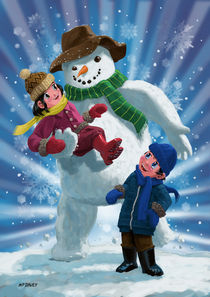 Children and Snowman playing together by Martin  Davey