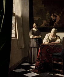 Schreibende Frau mit Dienstbotin von Jan Vermeer