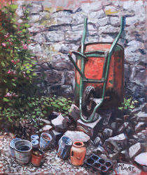 Still life wheelbarrow with collection of pots by stone wall von Martin  Davey