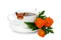 Mug with coffee and flowers on white background by larisa-koshkina
