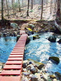 Red wooden bridge over a stream in the woods. by dreamcatcher-media