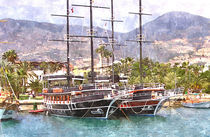 2 master boat in the Harbour (water color picture) by Helmut Schneller