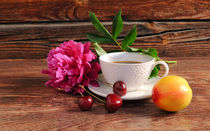 Peony, a cup of coffee, cherry and peach on a wooden background by larisa-koshkina