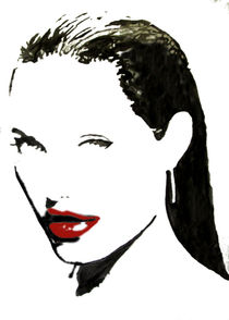 Portrait in Schwarz - weiß mit roten Lippen von einer rätselhaften Frau von Klaus Engels