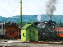 Steam Locomotive Coming into Train Yard by Susan Savad