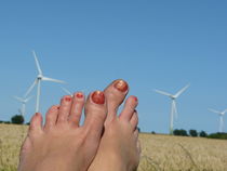 Füße tiefenentspannt vor dem Kornfeld und Windmühlen von Simone Marsig