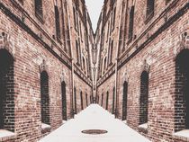 walkway in the middle of the brown brick buildings von timla