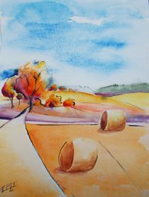 Erntezeit, Herbst, Stroh, Indian Summer, Landschaft, Malerei, Aquarell von Theodor Fischer