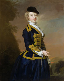 Portrait of Nancy Fortesque wearing a dark blue riding habit von Thomas Hudson