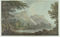 Lodore Rocks - fall & cottage distance von Joseph Farington