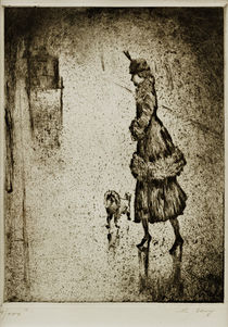 L.Ury, Dame mit Pudel auf regennasser Straße (Droschke links) von klassik art