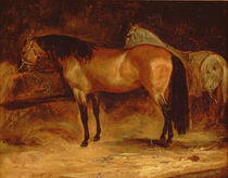 A Bay Horse at a manger, with a grey horse in a rug von Theodore Gericault