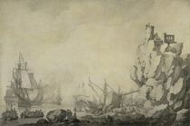 Ships and militia by a rocky shore by Willem van de, the Elder Velde