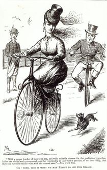 Cartoon of a Lady on a Velocipede by American School