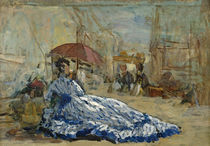 Woman in a blue dress under a parasol by Eugene Louis Boudin