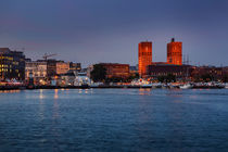 Oslo skyline with city hall at sunset by Bastian Linder