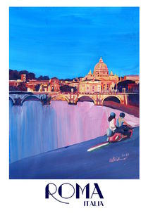 Rom Szene mit Motorroller und Blick auf Vatikan mit Kuppel von St. Peter - Retro Poster von M.  Bleichner