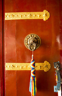 Kathmandu Nepal Door handle with colorful welcome thong hang... by Danita Delimont
