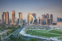 Qatar, Doha, Doha Bay, West Bay Skyscrapers, elevated view, dawn von Danita Delimont
