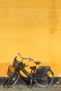 Denmark, Zealand, Copenhagen, yellow building detail with bicycle von Danita Delimont