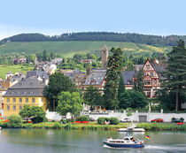 A yacht sails by the town of Traben-Trarbach, Germany along ... by Danita Delimont