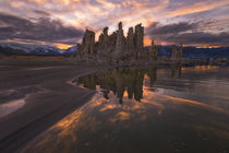 Tufas at sunset on Mono Lake with reflection and sunset colo... by Danita Delimont