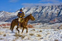 Cowboy riding Horse through the Snow; Model Released by Danita Delimont