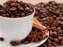 Grains of black coffee in a white cup. Cinnamon and anise on a porcelain dish. von Sergii Petruk