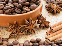 Coffee beans on the plate. Cinnamon and anise close to the plate. by Sergii Petruk