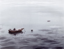 Boat in the fog, misty ocean, ship, Cape cod, Massachusetts USA, waves by Ellen Paul watercolor