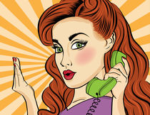 Pop art  woman chatting on retro phone by Claudia Balasoiu