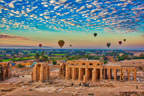 Hot Air Balloon at Sunrise in over Ruins in Luxor Egypt by Andy Doyle