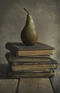 Still life with old books and green pear by Jarek Blaminsky
