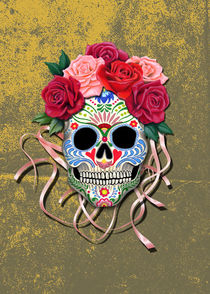Mexican Roses Skull on yellow colored distressed wall by Colette van der Wal