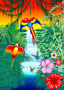 Macaws on Exotic Waterfall  by bluedarkart-lem