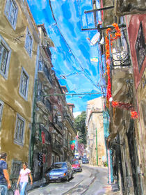 urban Lisbon in Portugal. Cars parking and railroad leading along. People walking by. von havelmomente