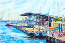 Illustration of Warnemuende at Baltic sea. Cruise ship port terminal at Warnow River. by havelmomente