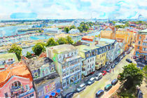 Aerial view over Baltic sea town Warnemunde with its houses streets and port. von havelmomente