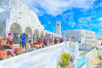 illustration of Greek Island Santorini town names Fira. People resting in front of Orthodox Metropolitan Cathedral. von havelmomente