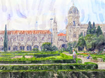 illustration of the Hieronymites Monastery in Lisbon Portugal. In front small garden area. von havelmomente