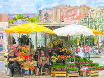 Illustration of flower market stall at Lisbon place names Rossio. Women sitting under parasol with lots of flower bunches. by havelmomente