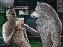 Mummy and Werewolf Drinking Beer Celebrating Fantasy Art by Ted Helms