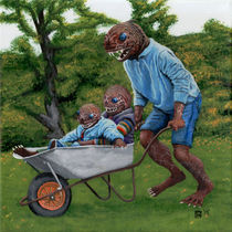 Fish Man Autumn Fun Wheelbarrow Ride Fantasy Art von Ted Helms