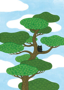 Black cat on a pine tree by Ayumi Yoshikawa