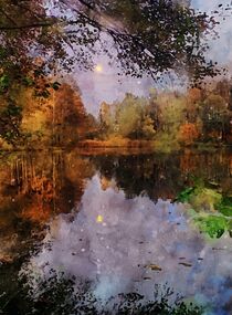 Aquarell Mond spiegelt sich im See. Herbst. by havelmomente