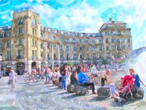 Watercolor illustration of Stachus place with fountain in Munich. People sitting on place. von havelmomente